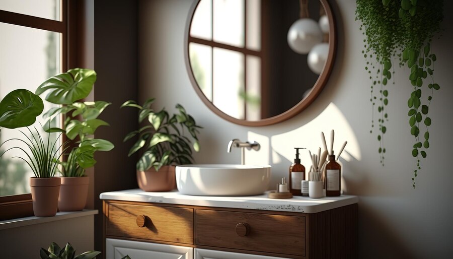 Imagem Banheiro Vintage com plantas e espelho rustico 