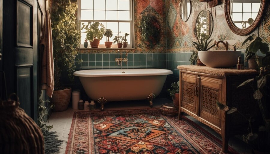 Foco em banheiro vintage com tapete e tons escuros focando na banheira rustica 
