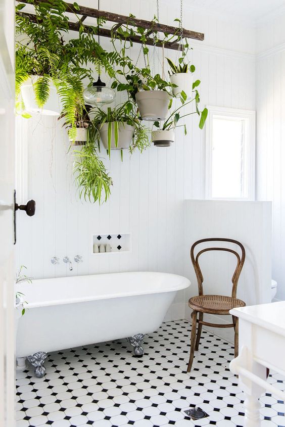 banheiro estilo vintage branco e plantinhas suspensas 